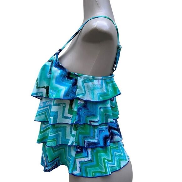 CEEB Swim Tankini Top Womens Size 12 Bathing Suit Top Blue Green Layered Ruffle - Picture 7 of 13
